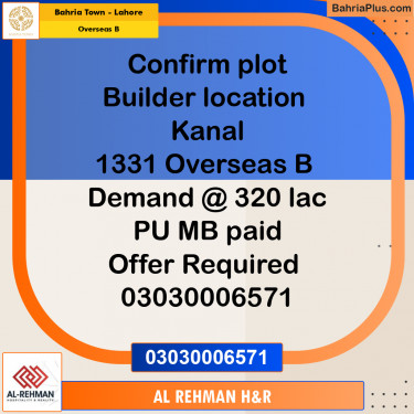 1 Kanal Residential Plot for Sale in Overseas B -  Bahria Town, Lahore - (BP-288795)