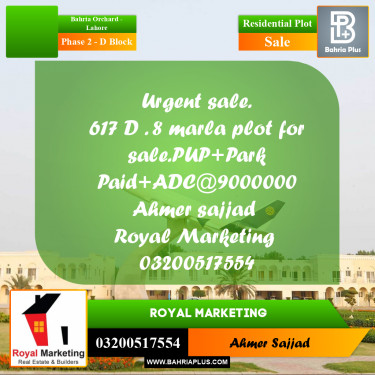 8 Marla Residential Plot for Sale in Phase 2 - D Block -  Bahria Orchard, Lahore - (BP-289061)