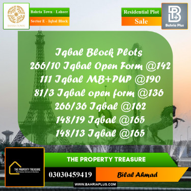 10 Marla Residential Plot for Sale in Sector E - Iqbal Block -  Bahria Town, Lahore - (BP-289365)