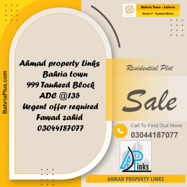 10 Marla Residential Plot for Sale in Sector F - Tauheed Block -  Bahria Town, Lahore - (BP-289556)