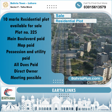 10 Marla Residential Plot for Sale in Sector F - Talha Block -  Bahria Town, Lahore - (BP-290198)