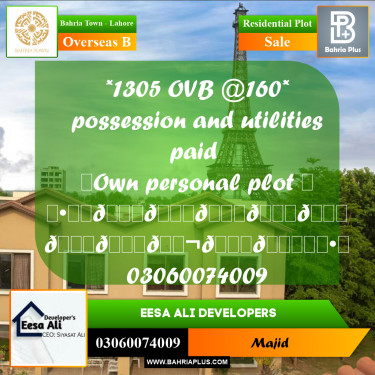 Residential Plot for Sale in Overseas B -  Bahria Town, Lahore - (BP-290383)