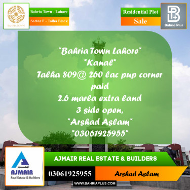 Residential Plot for Sale in Sector F - Talha Block -  Bahria Town, Lahore - (BP-290601)