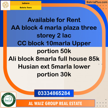 Residential House for Rent in Bahria Town, Lahore - (BP-290739)