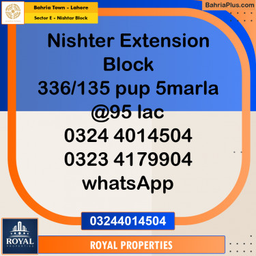 Residential Plot for Sale in Sector E - Nishtar Block -  Bahria Town, Lahore - (BP-290784)