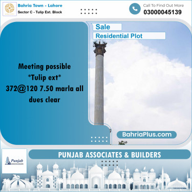 7.5 Marla Residential Plot for Sale in Sector C - Tulip Ext. Block -  Bahria Town, Lahore - (BP-291225)