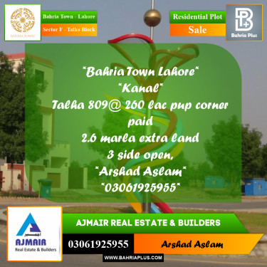 Residential Plot for Sale in Sector F - Talha Block -  Bahria Town, Lahore - (BP-291290)
