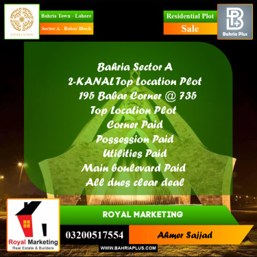 2 Kanal Residential Plot for Sale in Sector A - Babar Block -  Bahria Town, Lahore - (BP-291873)