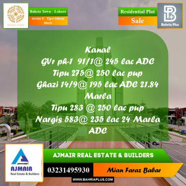 1 Kanal Residential Plot for Sale in Sector F - Tipu Sultan Block -  Bahria Town, Lahore - (BP-291875)