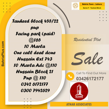 10 Marla Residential Plot for Sale in Sector F - Tauheed Block -  Bahria Town, Lahore - (BP-292019)