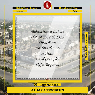 10 Marla Residential Plot for Sale in Overseas B -  Bahria Town, Lahore - (BP-292373)