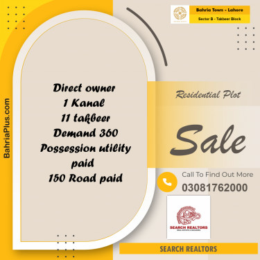 1 Kanal Residential Plot for Sale in Sector B - Takbeer Block -  Bahria Town, Lahore - (BP-292728)