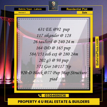 10 Marla Residential Plot for Sale in Overseas C -  Bahria Town, Lahore - (BP-292735)