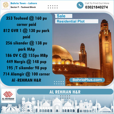 10 Marla Residential Plot for Sale in Sector F - Tauheed Block -  Bahria Town, Lahore - (BP-292791)