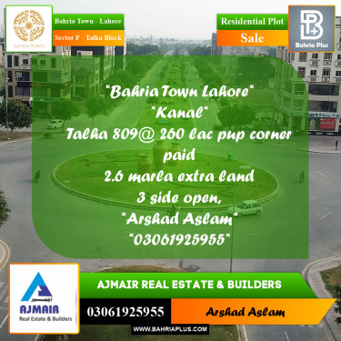 Residential Plot for Sale in Sector F - Talha Block -  Bahria Town, Lahore - (BP-292974)