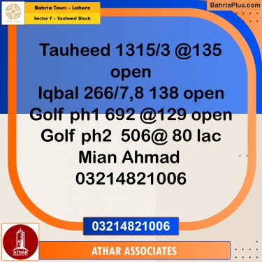 10 Marla Residential Plot for Sale in Sector F - Tauheed Block -  Bahria Town, Lahore - (BP-293106)
