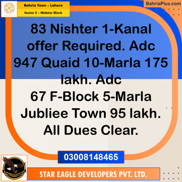 1 Kanal Residential Plot for Sale in Sector E - Nishtar Block -  Bahria Town, Lahore - (BP-293198)