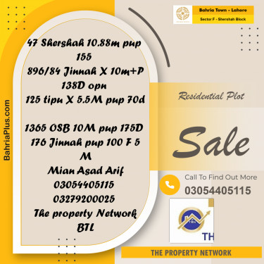 Residential Plot for Sale in Sector F - Shershah Block -  Bahria Town, Lahore - (BP-293227)