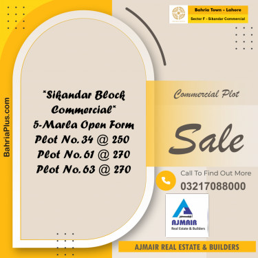 5 Marla Commercial Plot for Sale in Sector F - Sikandar Commercial -  Bahria Town, Lahore - (BP-293290)