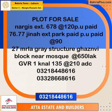 10 Marla Residential Plot for Sale in Sector C - Nargis/Hussain Ext. -  Bahria Town, Lahore - (BP-293329)