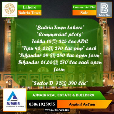 Commercial Plot for Sale in Bahria Town, Lahore - (BP-293336)