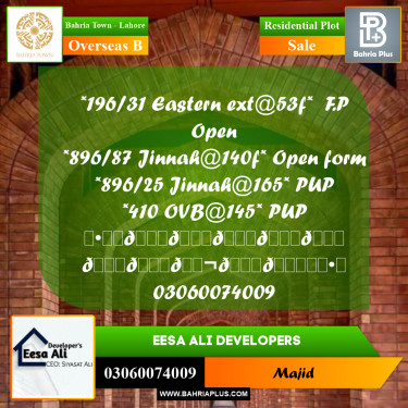 Residential Plot for Sale in Overseas B -  Bahria Town, Lahore - (BP-293387)