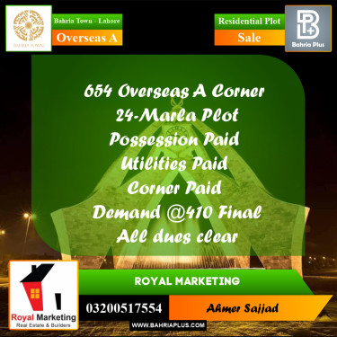 24 Marla Residential Plot for Sale in Overseas A -  Bahria Town, Lahore - (BP-293550)
