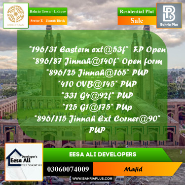 Residential Plot for Sale in Sector E - Jinnah Block -  Bahria Town, Lahore - (BP-294072)