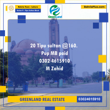 10 Marla Residential Plot for Sale in Sector F - Tipu Sultan Block -  Bahria Town, Lahore - (BP-294121)
