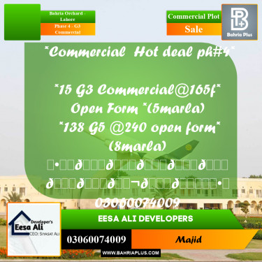 Commercial Plot for Sale in Phase 4 - G3 Commercial -  Bahria Orchard, Lahore - (BP-294122)