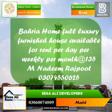 Residential House for Rent in Sector E - Bahria Homes -  Bahria Town, Lahore - (BP-294427)