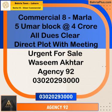 8 Marla Commercial Plot for Sale in Sector B - Umer Commercial -  Bahria Town, Lahore - (BP-294596)