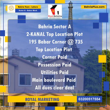 2 Kanal Residential Plot for Sale in Sector A - Babar Block -  Bahria Town, Lahore - (BP-295028)