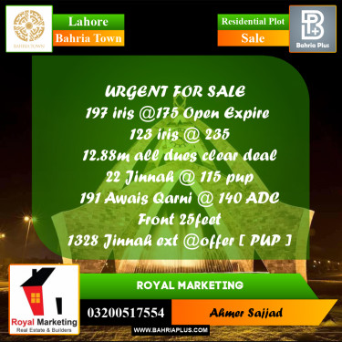 Residential Plot for Sale in Bahria Town, Lahore - (BP-295200)