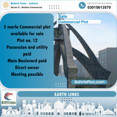 8 Marla Commercial Plot for Sale in Sector E - Nishtar Commercial -  Bahria Town, Lahore - (BP-295216)