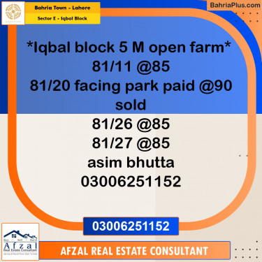 5 Marla Residential Plot for Sale in Sector E - Iqbal Block -  Bahria Town, Lahore - (BP-295338)