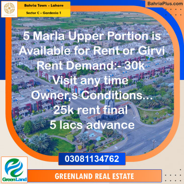 5 Marla Residential House for Rent in Sector C - Gardenia 1 -  Bahria Town, Lahore - (BP-295350)