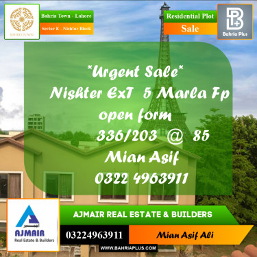 Residential Plot for Sale in Sector E - Nishtar Block -  Bahria Town, Lahore - (BP-295451)
