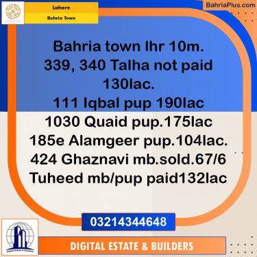 10 Marla Residential Plot for Sale in Bahria Town, Lahore - (BP-295812)