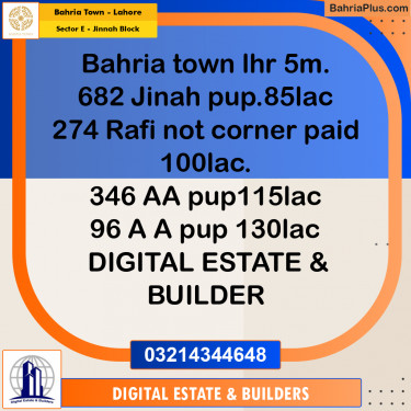 5 Marla Residential Plot for Sale in Sector E - Jinnah Block -  Bahria Town, Lahore - (BP-295813)