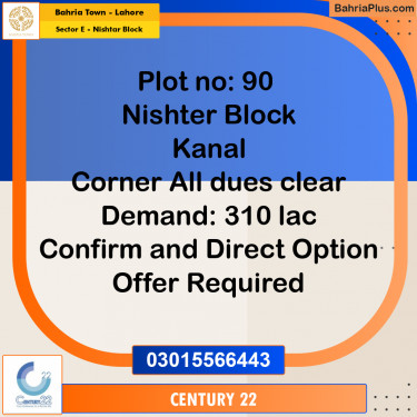 1 Kanal Residential Plot for Sale in Sector E - Nishtar Block -  Bahria Town, Lahore - (BP-295837)