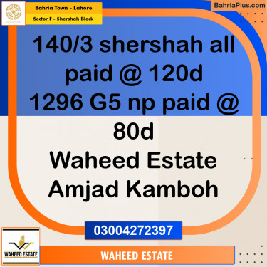 5 Marla Residential Plot for Sale in Sector F - Shershah Block -  Bahria Town, Lahore - (BP-296228)