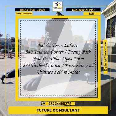 10 Marla Residential Plot for Sale in Sector F - Tauheed Block -  Bahria Town, Lahore - (BP-296319)