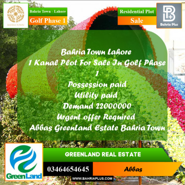 1 Kanal Residential Plot for Sale in Golf Phase 1 -  Bahria Town, Lahore - (BP-296380)
