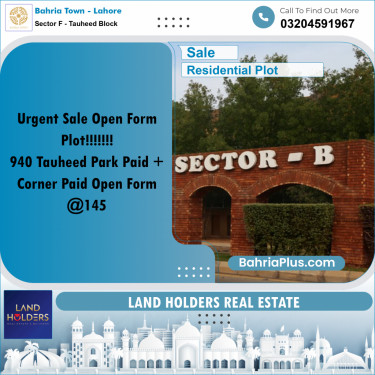 10 Marla Residential Plot for Sale in Sector F - Tauheed Block -  Bahria Town, Lahore - (BP-296447)