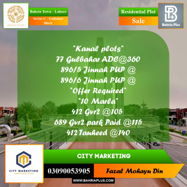 1 Kanal Residential Plot for Sale in Sector C - Gulbahar Block -  Bahria Town, Lahore - (BP-296521)