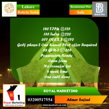 Residential Plot for Sale in Bahria Town, Lahore - (BP-296598)