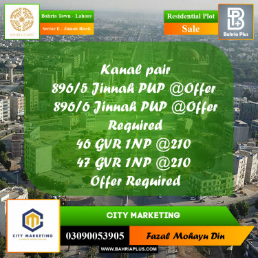 1 Kanal Residential Plot for Sale in Sector E - Jinnah Block -  Bahria Town, Lahore - (BP-296615)