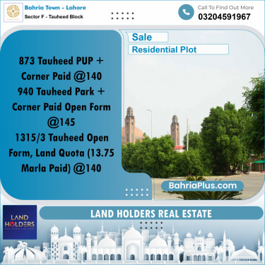 Residential Plot for Sale in Sector F - Tauheed Block -  Bahria Town, Lahore - (BP-296626)