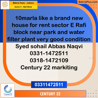 10 Marla Residential House for Rent in Sector E - Rafi Block -  Bahria Town, Lahore - (BP-296716)